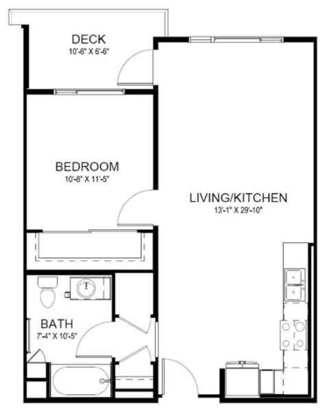 Floor plan for 1 bed, 1 bath, 721 sqft